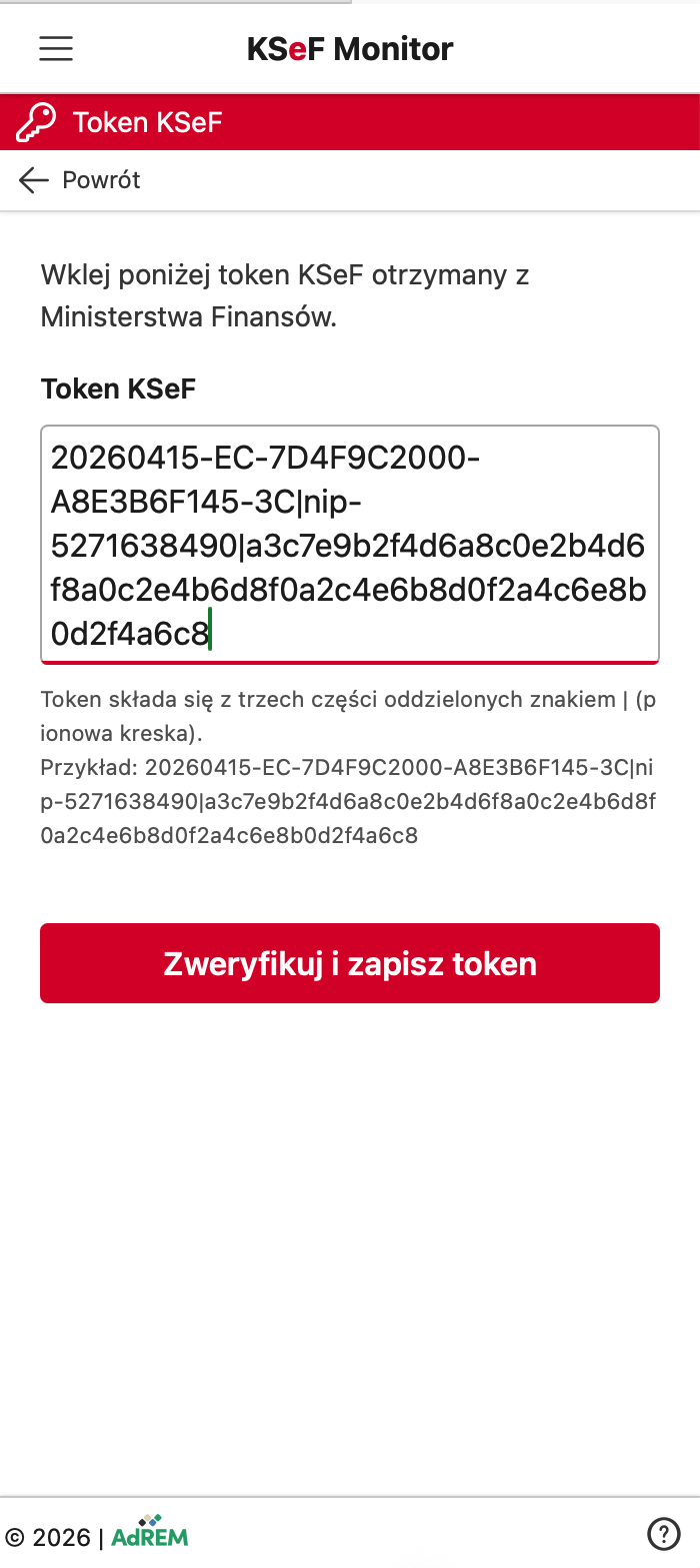 Formularz wprowadzania tokenu KSeF