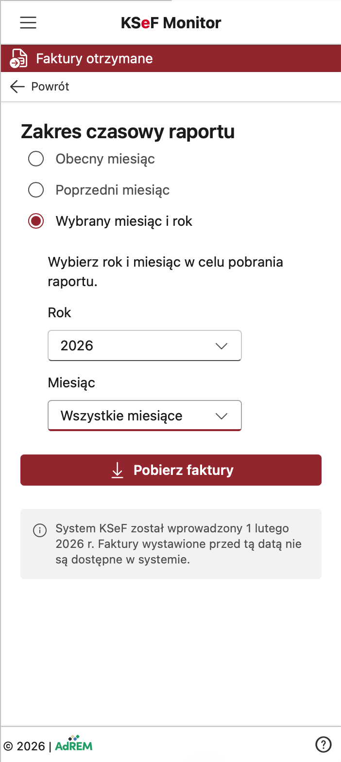 Panel Faktury otrzymane z opcjami wyboru zakresu dat