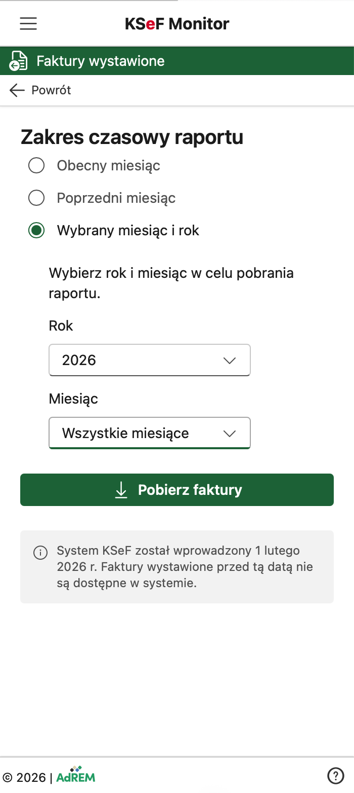 Panel Faktury wystawione z opcjami wyboru zakresu dat