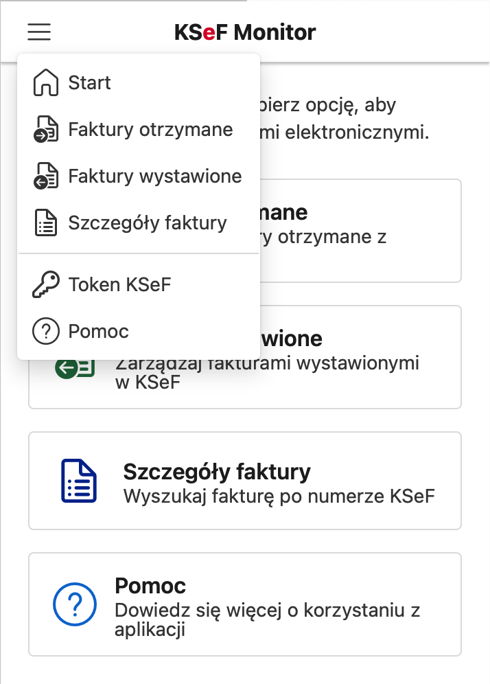 Menu nawigacyjne aplikacji KSeF Monitor