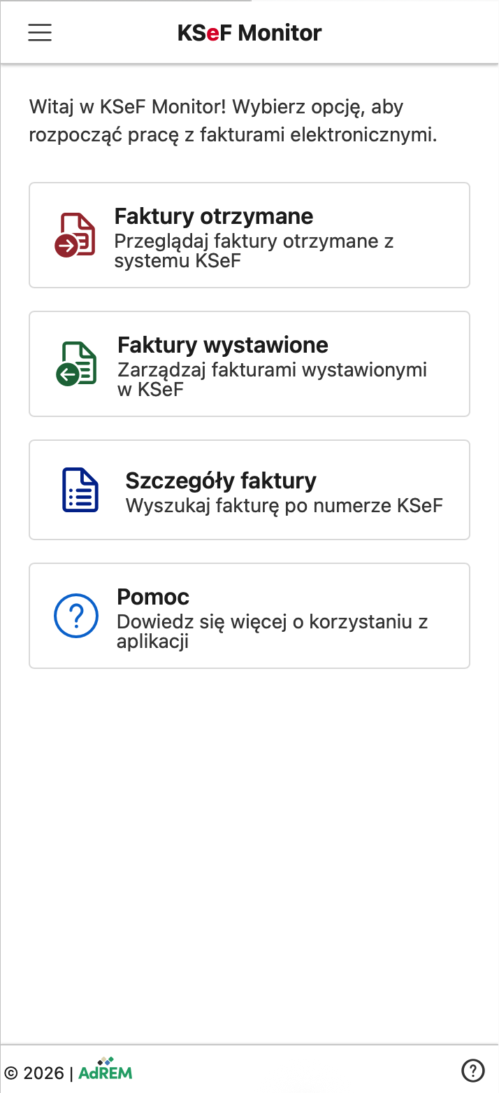 Strona Start ze skonfigurowanym tokenem KSeF