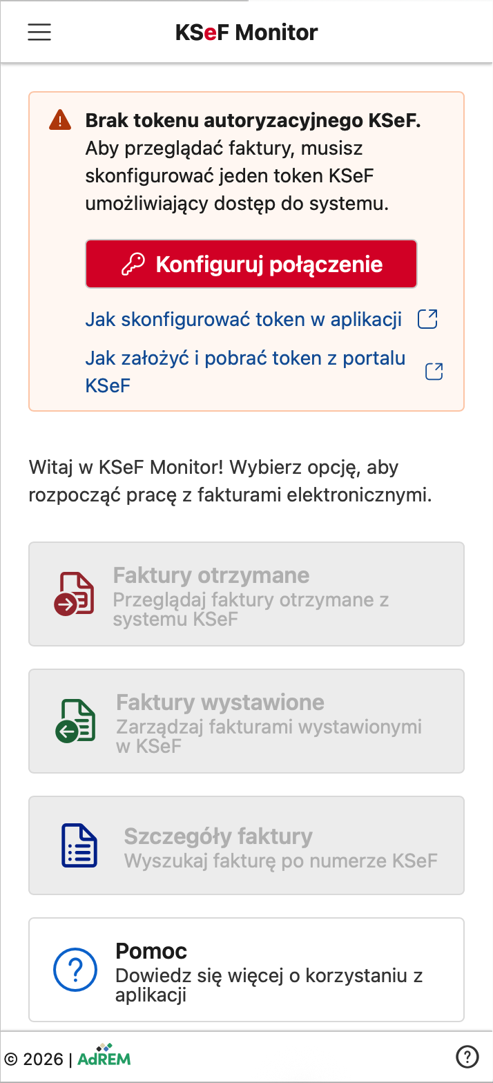 Strona Start bez skonfigurowanego tokenu KSeF