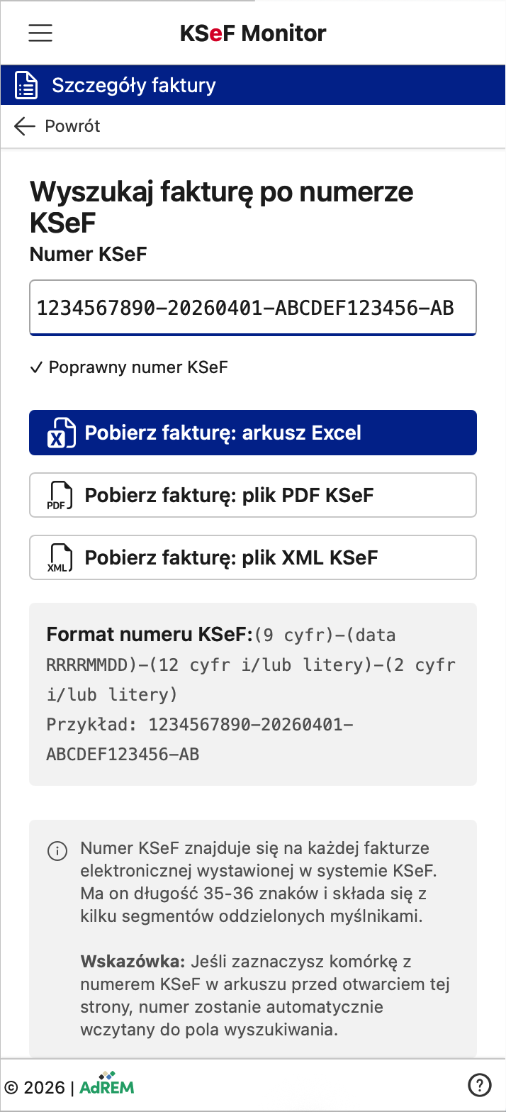 Panel Szczegóły faktury z polem numeru KSeF