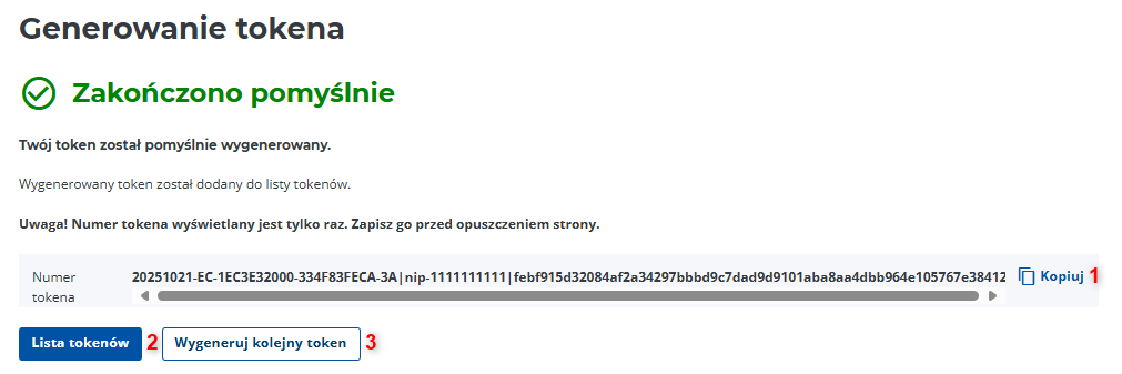 Ekran z wygenerowanym tokenem