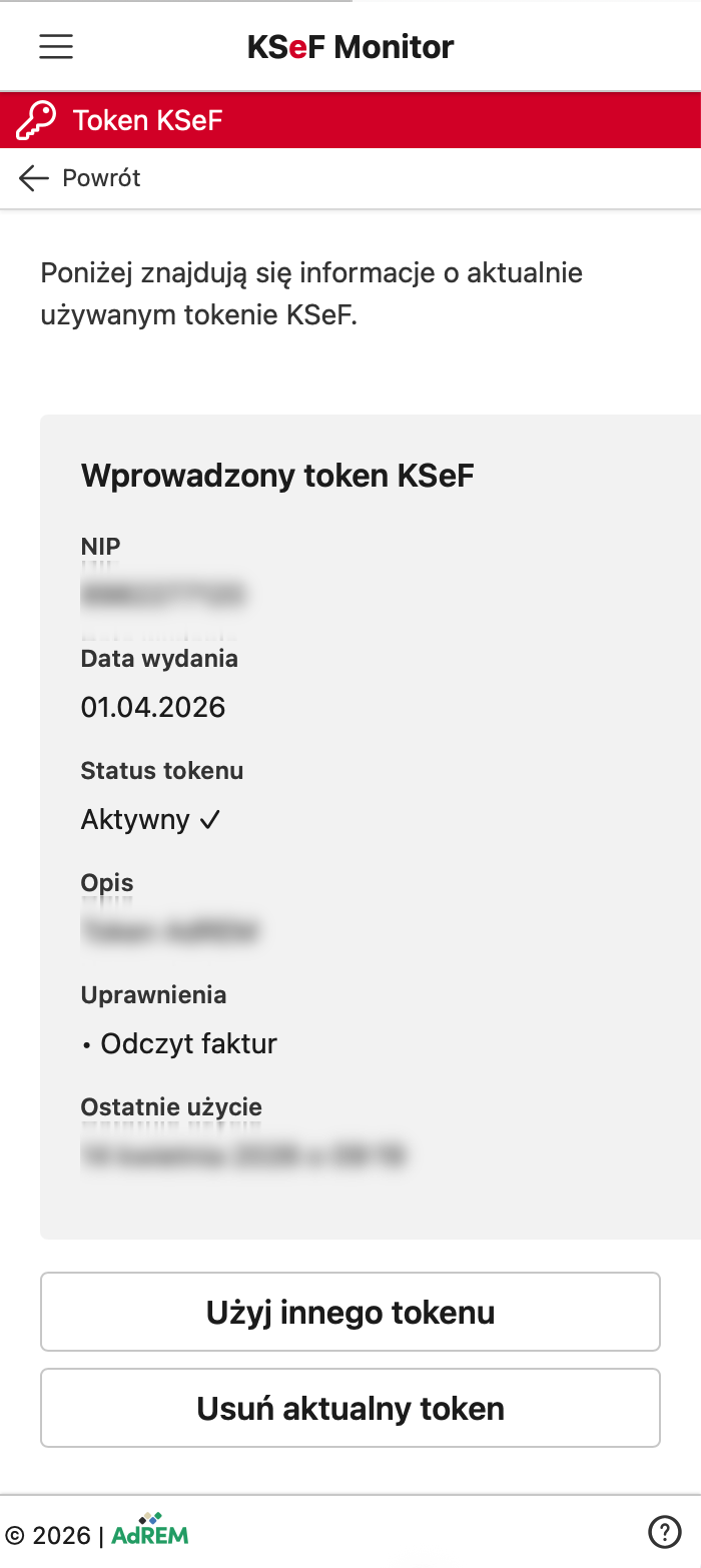 Informacje o zapisanym tokenie KSeF